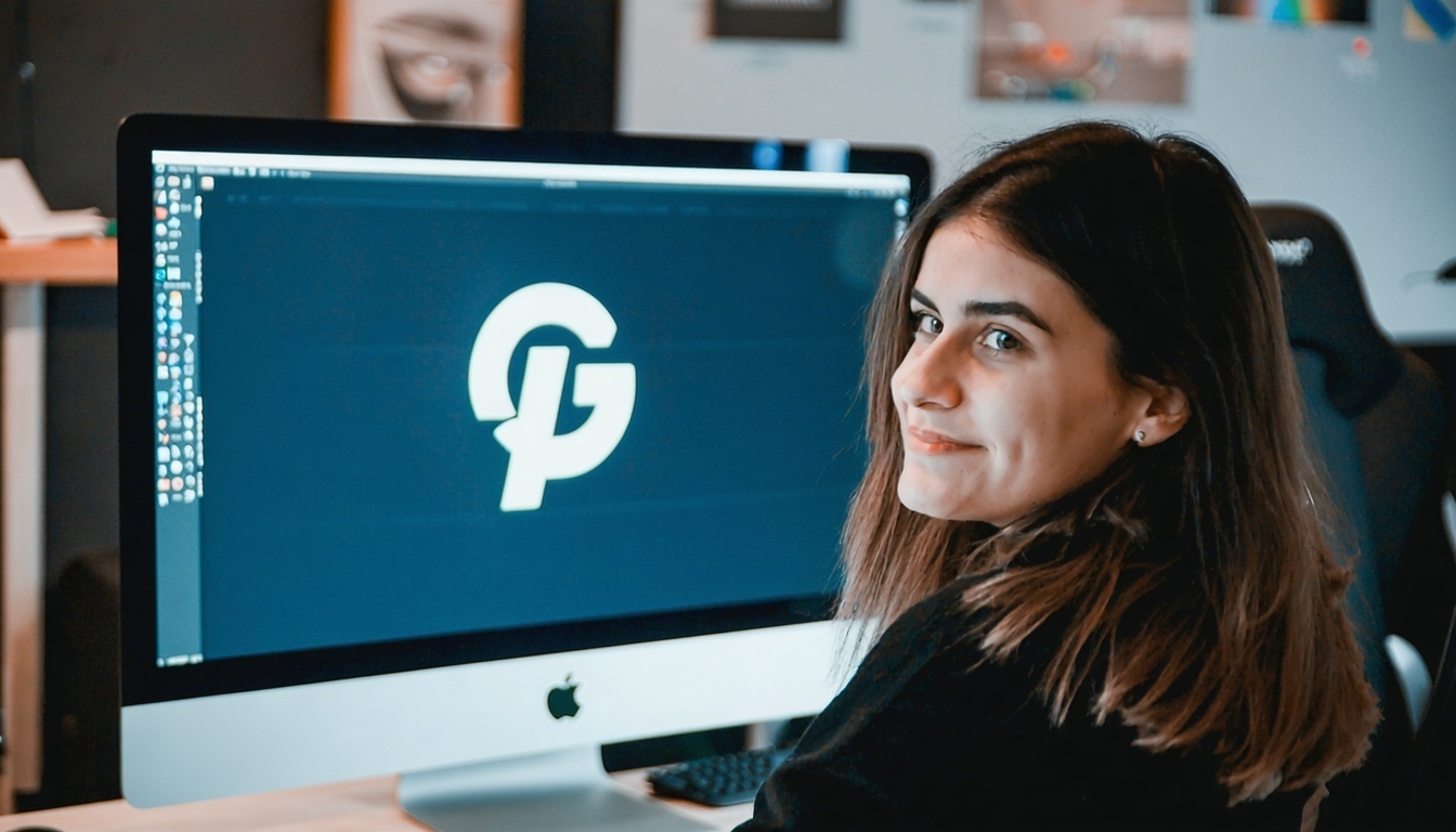Junge Frau vor dem Computer mit Blick auf ein fertiges Logo, das auf BIMI-Konformität geprüft wird