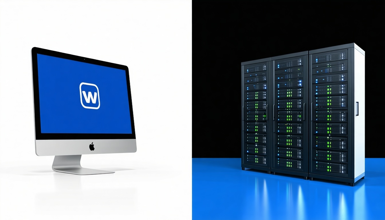 Bild in zwei Hälften geteilt, eine Hälfte zeigt einen Monitor mit Logo, die andere Hälfte zeigt Webserver-2