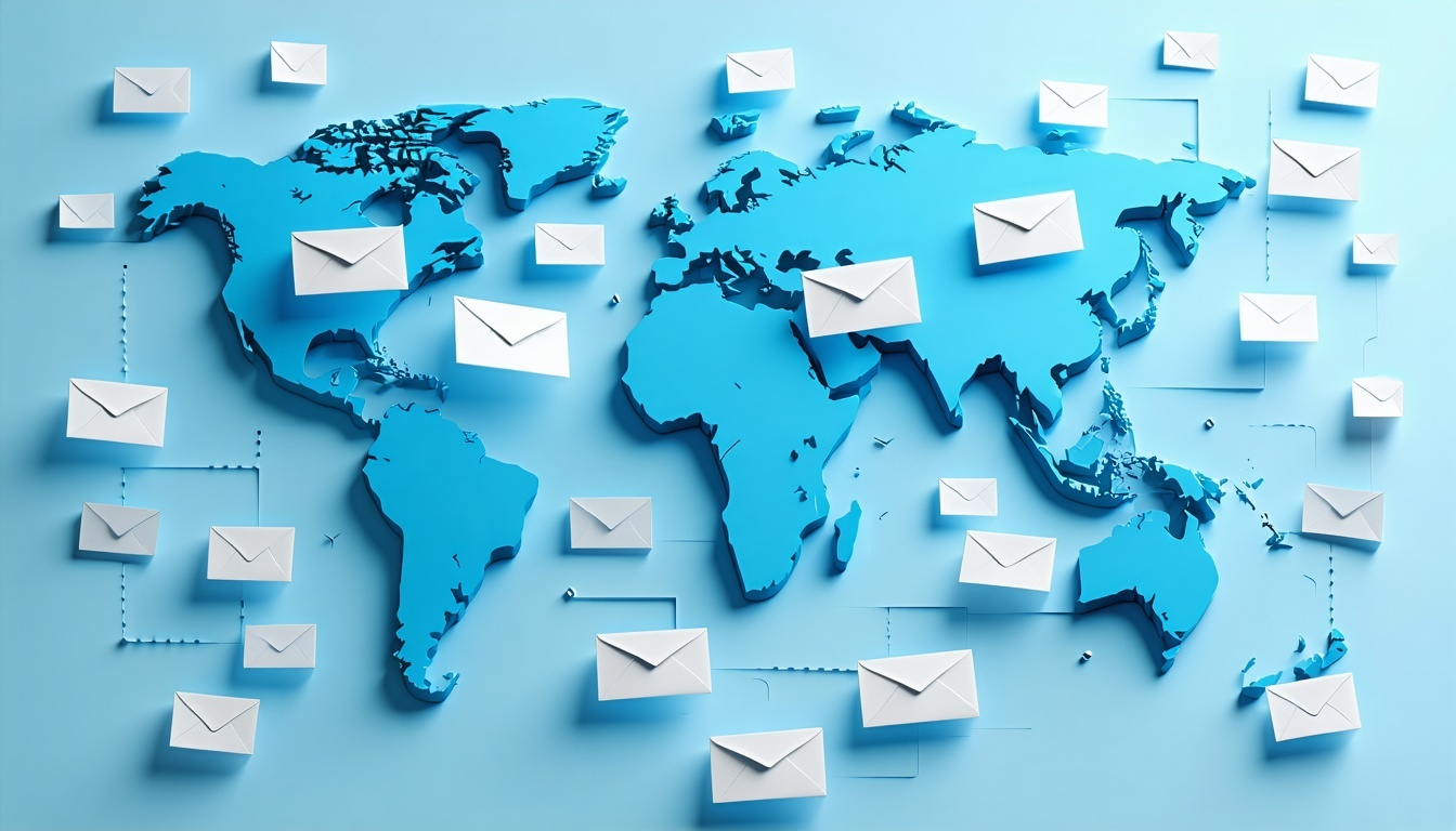Weltkarte, während E-Mails von einem Kontinent zum anderen fliegen