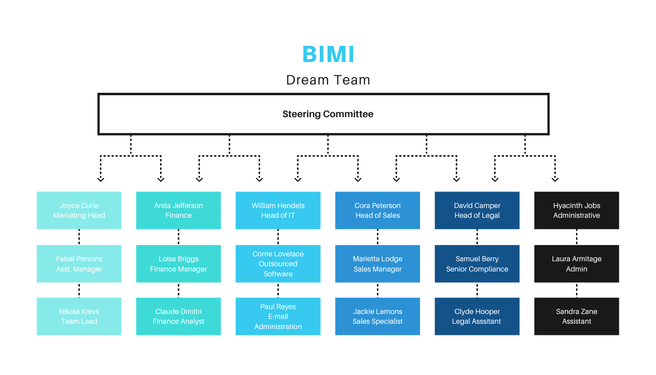 Das BIMI Dream Team besteht aus den Abteilungen Marketing, Finanzen, IT, Vertrieb, Recht und Verwaltung